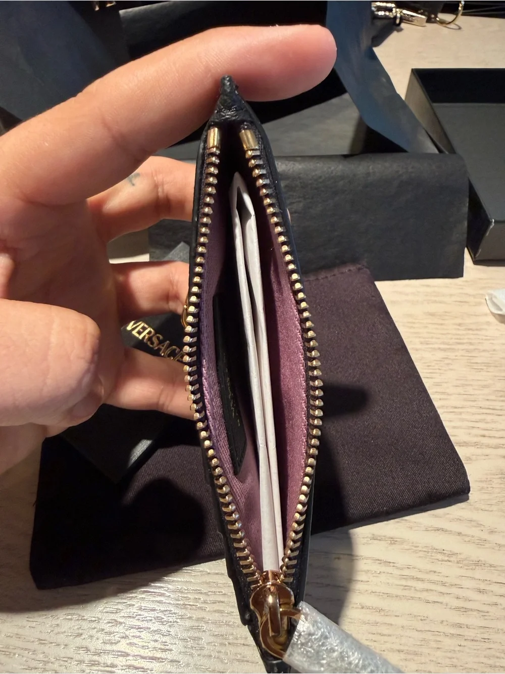 Versace Black Leather Card Case with Gold Medusa Accent